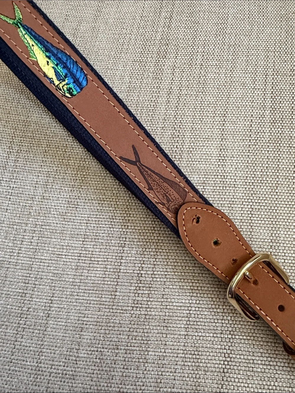 West Marine Men's Embroidered Dolphin Fish Belt Brass USA Made Size 42 Altered